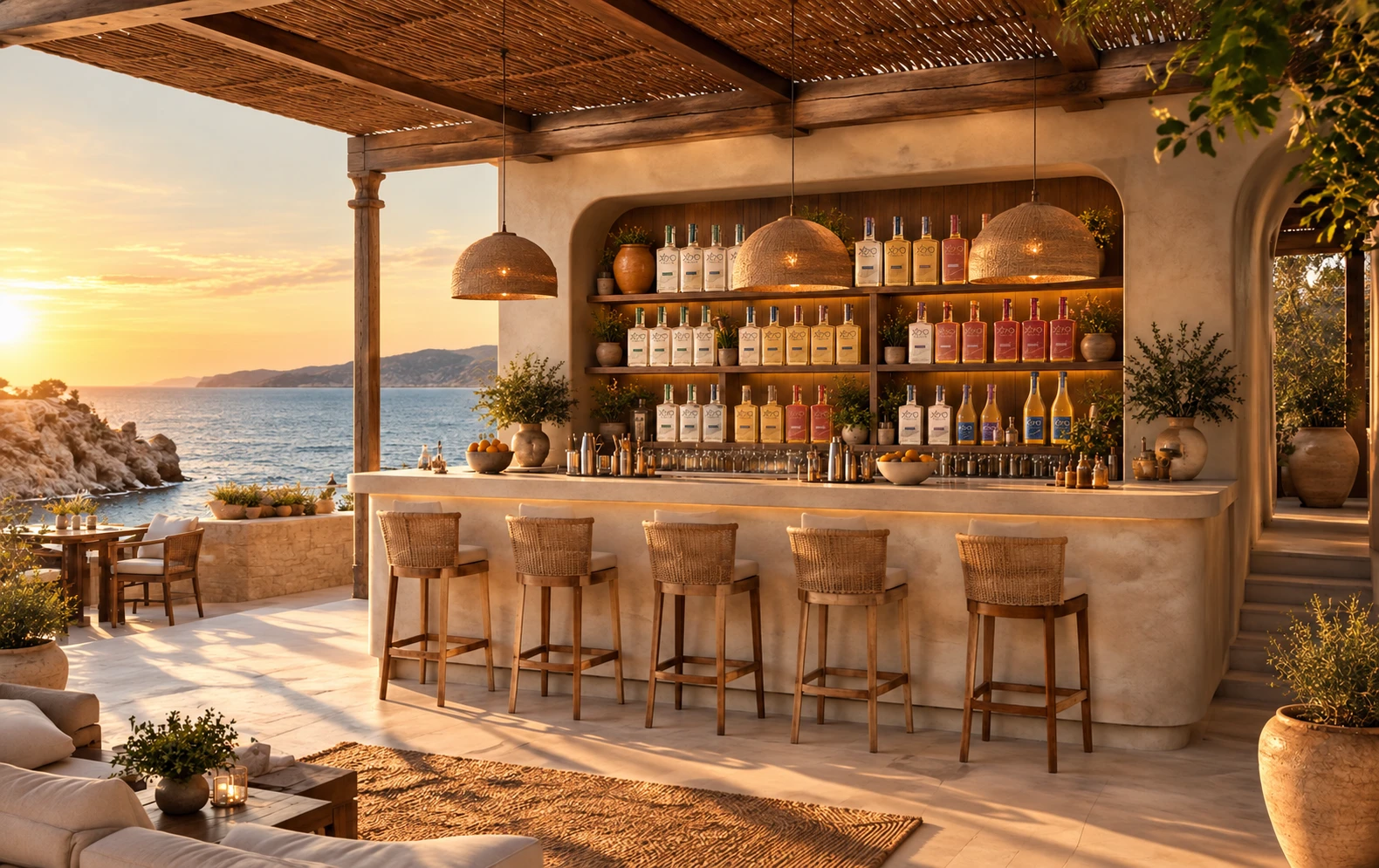 Yéyo Tequila bottles displayed at a Mediterranean-inspired coastal Yéyo Cantina overlooking the ocean at sunset.